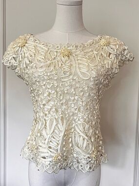 Vintage 50s Ivory Soutache Ribbon Lace Cap Sleeve Blouse Coquette Cottagecore